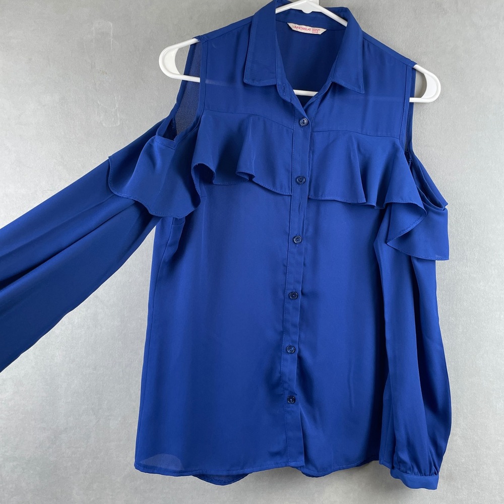 Andrea Royal Blue Cold Shoulder Ruffle Blouse Airy Long Sleeve Collared Top M